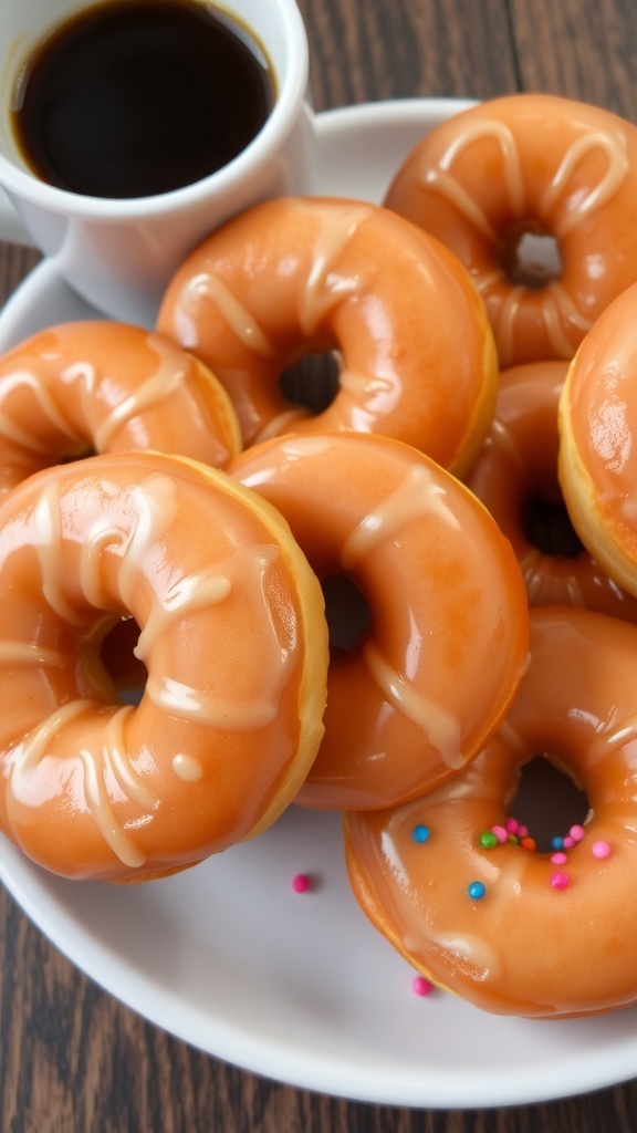 A plate of classic glazed donuts with a shiny finish, accompanied by a cup of coffee.
